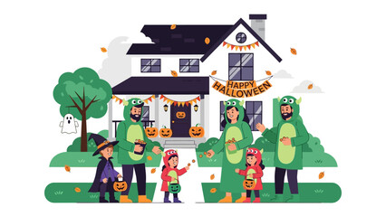 Happy Halloween House and Family: A festive family dressed in costumes, with a charming house adorned with decorations, celebrating the spooky spirit of Halloween and creating a scene filled with joy.