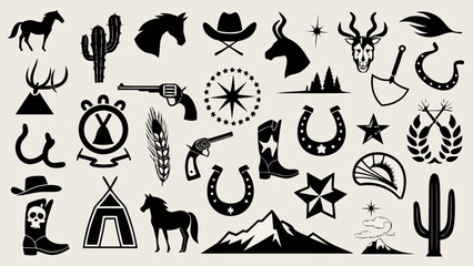 Wild west silhouette icons collection featuring horses cowboys and desert elements © Etika