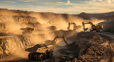 Dynamic scene of an active open-pit mine where powerful excavators and large haul trucks perform intensive earthmoving tasks, critical for resource extraction and construction projects