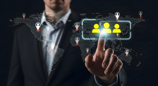 Global network connection concept with business man touching virtual interface screen map world