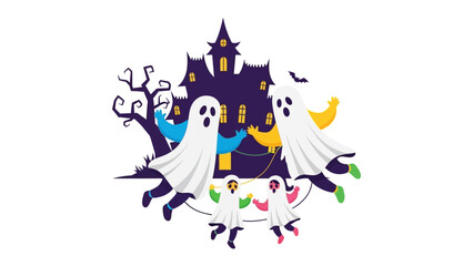 Halloween Ghostly Gathering: A whimsical and colorful illustration captures a joyful Halloween scene, featuring friendly ghosts.