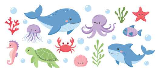 Collection of cute sea animals. Marine life. Cute cartoon whale, shark, octopus, crab, shell, seahorse, starfish, fish, turtle, jellyfish. Vector illustration 