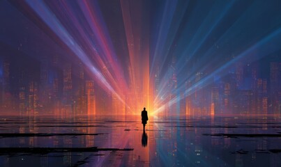 Fototapeta premium Silhouette figure in futuristic city at dawn