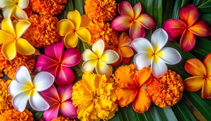 A vibrant and colorful arrangement of exotic frangipani and marigold flowers, gracefully placed on lush green leaves, evoking tropical beauty and natural serenity