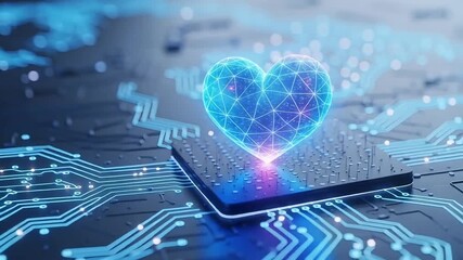Digital heart pulses with love connecting on futuristic circuit board with glowing nodes - Powered by Adobe