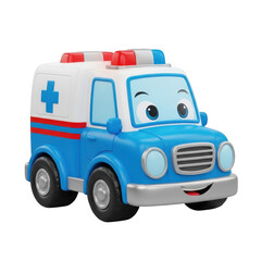 Cute cartoon ambulance vehicle with blue and white design and red flashing lights transparent background