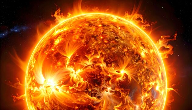 A vibrant, close-up depiction of a star's surface ablaze with intense light and swirling energy. Fiery flares burst outwards