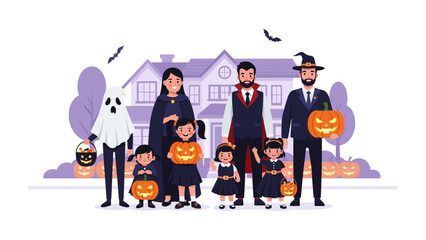 Halloween Family Portrait: A festive illustration of a family dressed in Halloween costumes, gathering in front of a stylized house, conveying the spirit of the holiday.