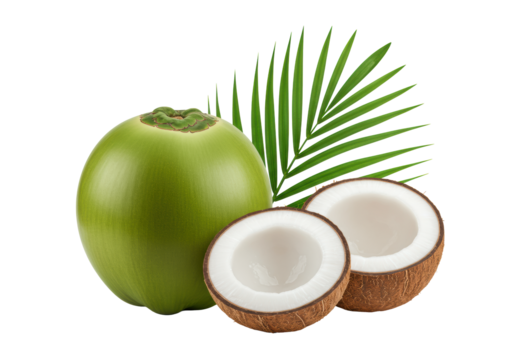 Young green coconut, halved brown coconut revealing creamy white flesh, and an emerald palm frond on a transparent studio background with soft shadow, concept of healthy tropical fruit