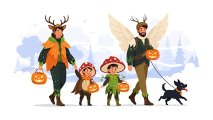 Magical Halloween Procession: A family dressed in whimsical costumes parades down a wooded path during Halloween, their jack-o'-lanterns glowing, accompanied by a playful canine.