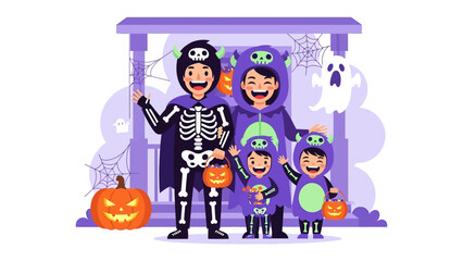 Halloween Family in Festive Costume: A charming family, adorned in spirited Halloween costumes, radiates joy as they pose for a picture in front of a creatively decorated porch.