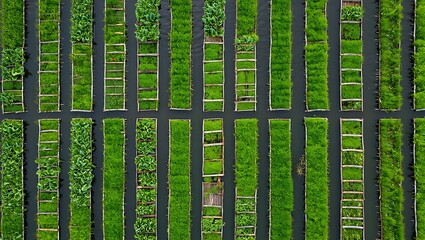 Aerial view of floating gardens reveals a vibrant tapestry of agriculture and nature in lush green plots cultivated on water