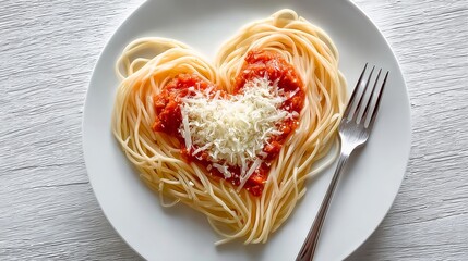 Heart Shape Spaghetti Delight on a White Canvas, Adorned with Tomato Sauce and Parmesan Cheese