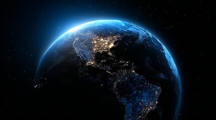 Earth viewed from space at night, showing illuminated continents and city lights against the dark ocean and atmosphere