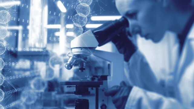 Virologist scientist using microscope in laboratory for DNA biochemical research. Medical lab equipment and doctor pharmacist searching for vaccine to treat diseases and advance healthcare