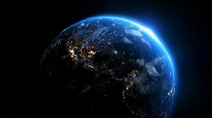Naklejka premium Earth viewed from space at night, showcasing illuminated city lights and atmospheric glow