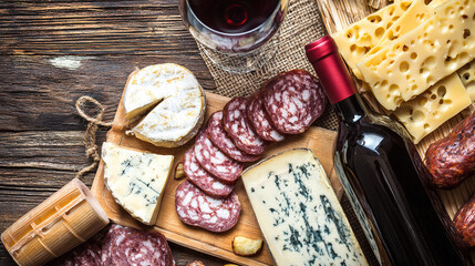 An elegant arrangement of cheeses and sausages with a wine bottle on a wooden surface.