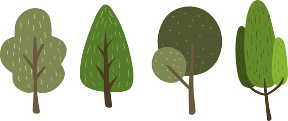 Flat Design Tree Vector Illustration. Minimalist Green Trees Collection with Isolated Background. Nature, Forest, and Garden Elements in Flat Style for Eco, Landscape, and Decorative Design