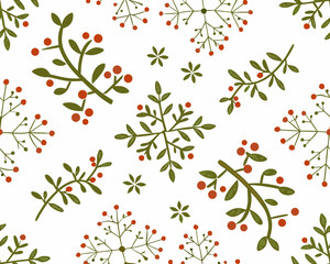 Seamless pattern of red berries and green leaves on white background