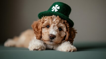 Adorable curly-haired puppy wearing shamrock green hat lying down