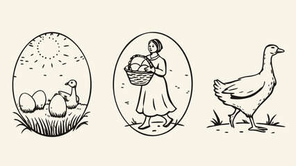Vintage illustration of a woman collecting eggs with geese and chicks