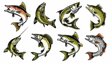 Collection of eight different types of fish illustrations on white background