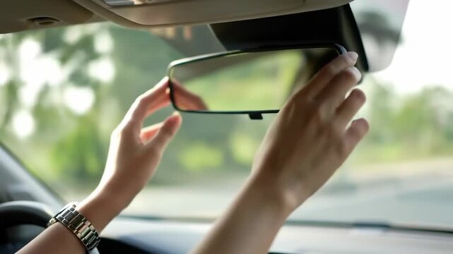 Woman's hands adjusting the interior rearview mirror for a safe driving experience before a journey