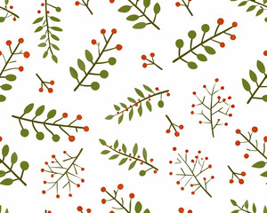 Seamless pattern of red berries and green leaves on white background