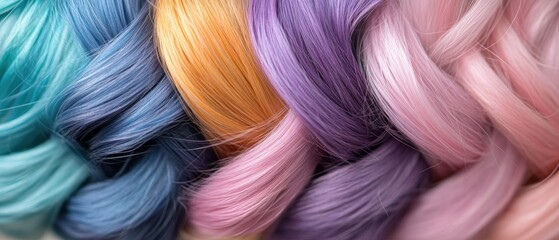 Vibrantly colored hair strands in pastel shades of blue, orange, purple, and pink are beautifully arranged in a braid, showcasing an artistic display of texture, ideal for fashion and beauty themes,