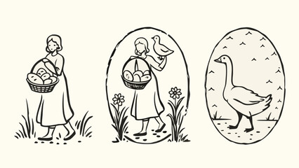 Vintage illustration of a woman with a basket of eggs and a goose