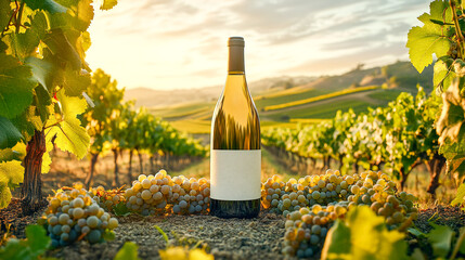White wine bottle mockup in a vineyard landscape with lush grapevines and rolling hills