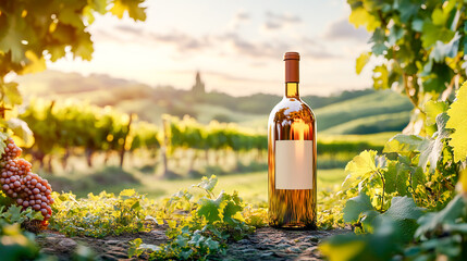 White wine bottle mockup in a vineyard landscape with lush grapevines and rolling hills
