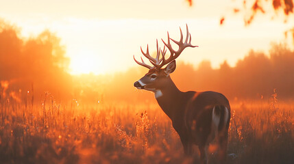 Whitetail Buck Silhouette at Sunset: Silhouette of a Whitetail Buck at sunset during the fall