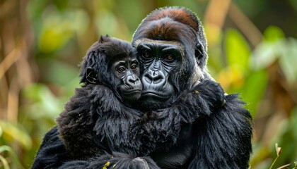 A tender moment A silverback gorilla cradles a baby gorilla, their dark fur contrasting against the green foliage