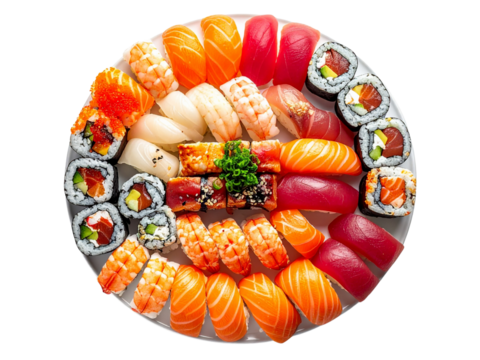 Fresh sushi platter with salmon shrimp and rice on white plate