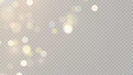 Golden dust light png. Christmas glowing bokeh confetti and sparkle overlay texture for your design. Stock royalty free vector illustration. PNG  © Vector light Studio