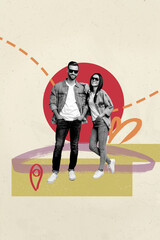 Vertical 3d art pop image collage of happy girl guy stand geolocation icon summer adventure booking navigator map travel