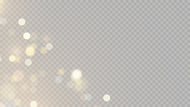 Golden dust light png. Christmas glowing bokeh confetti and sparkle overlay texture for your design. Stock royalty free vector illustration. PNG	
