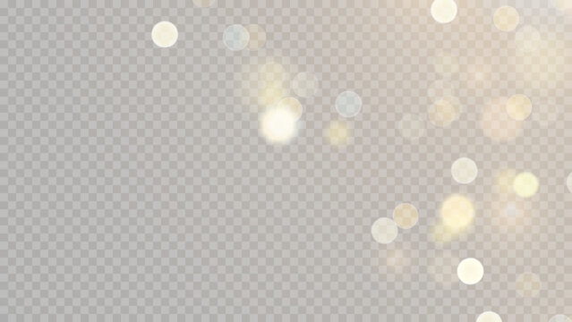 Golden dust light png. Christmas glowing bokeh confetti and sparkle overlay texture for your design. Stock royalty free vector illustration. PNG	