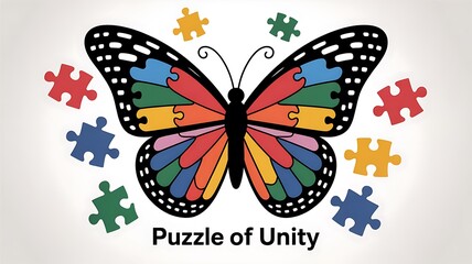 Colorful autism awareness butterfly made of puzzle pieces symbolizing unity, diversity and support for inclusion in society