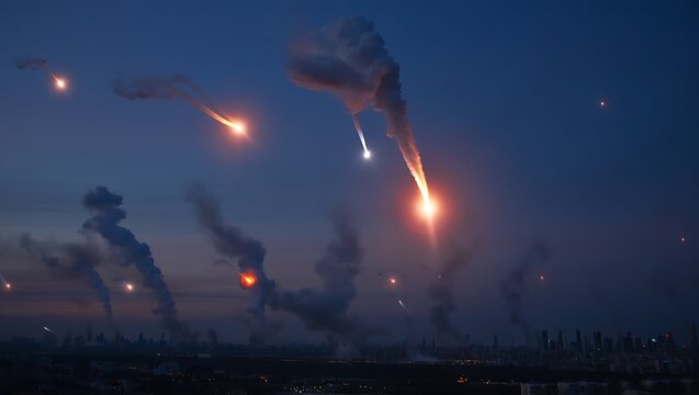 Night sky illuminated with apparent missile activity and smoke trails over urban landscape with defense system intercepts creating light flares - Powered by Adobe