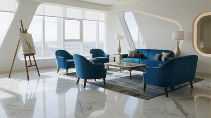 Modern Living Room with Blue Furniture and Large Windows