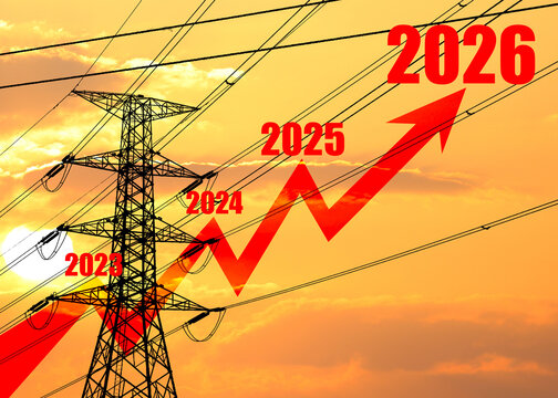 Conceptual image of rising electricity bills, more expensive energy costs. Silhouette of high voltage electric poles.