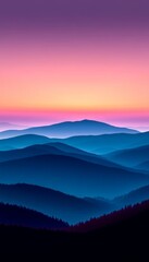 Fototapeta premium Stunning Purple and Orange Sky Silhouettes on Distant Mountains During a Tranquil Evening Sunset