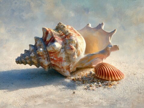 Exquisite seashell collection rests on soft sand, evoking serene beach vacation dreams and coastal tranquility