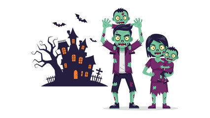 Spooky Zombie Family Portrait: This whimsical illustration features a zombie family, with the silhouette of a haunted house in the backdrop, creates a playful yet eerie ambiance.
