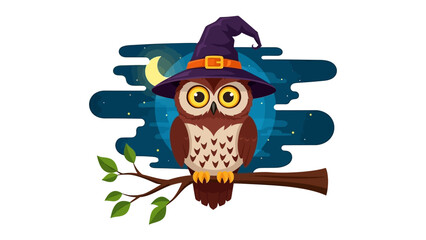 Mystical Owl on a Halloween Night: An enchanting illustration of a wise owl perched on a branch under the glow of a crescent moon, set against a deep, starry night sky.