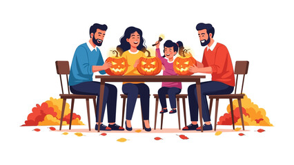 A Family Crafting Pumpkins: A close-knit family enjoys a fun and festive Halloween activity, carving pumpkins together. The warm illustration captures the cozy atmosphere and shared creativity