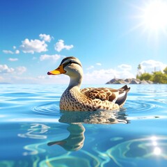 3D Ente, auf See schwimmend, Wasserreflexionen, sonniger Tag, fotorealistisch