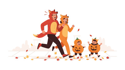 Halloween Family Costume Outing: A family dressed in vibrant fox and pumpkin costumes joyfully skips along, bringing a festive spirit to a lively outdoor scene.